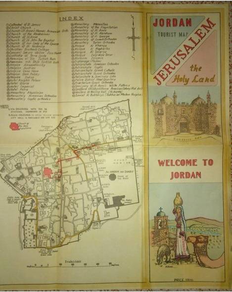 Mapa turístico jordano común de Jerusalem que fue realizado en 1965