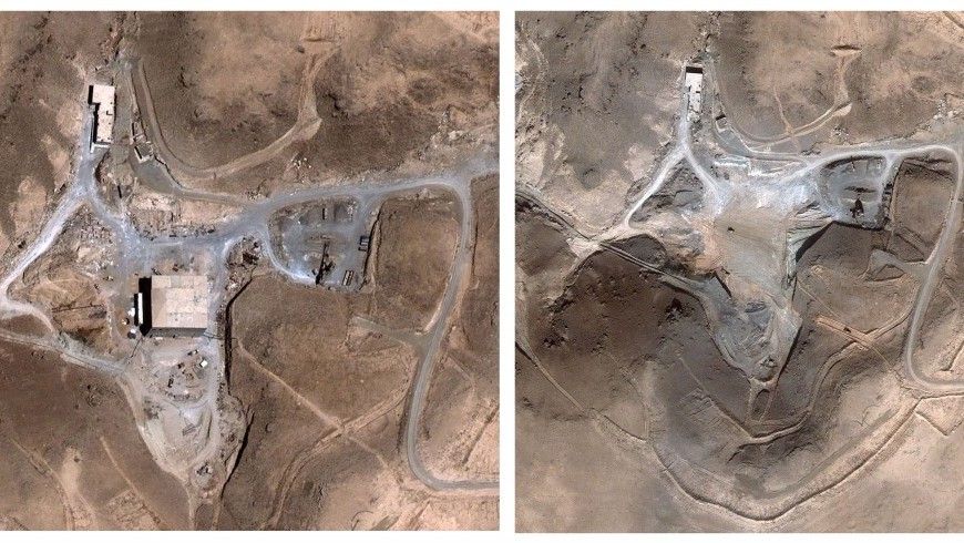 Antes y después de las imágenes satelitales del reactor nuclear sirio en al-Kibar, que según informes fue atacado por Israel en 2007 (AP / DigitalGlobe)