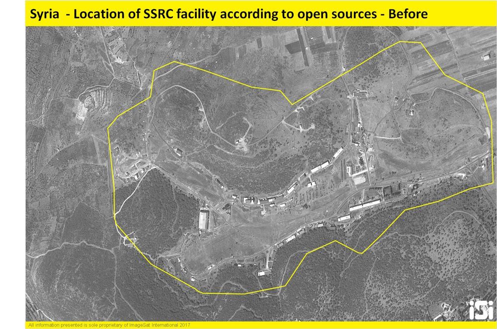 Imágenes de satélite israelíes muestran una base de desarrollo de armas militares sirias antes de que fuera golpeada por un ataque aéreo atribuido a la FDI el 7 de septiembre de 2017. ( ImageSat International )