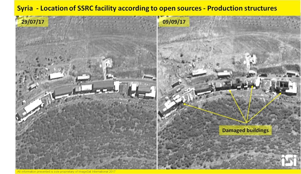 Las imágenes de satélite israelíes muestran los resultados de un ataque aéreo atribuido a las Fuerzas de Defensa de Israel en una base de desarrollo de armas militares sirias el 7 de septiembre de 2017. ( ImageSat International )