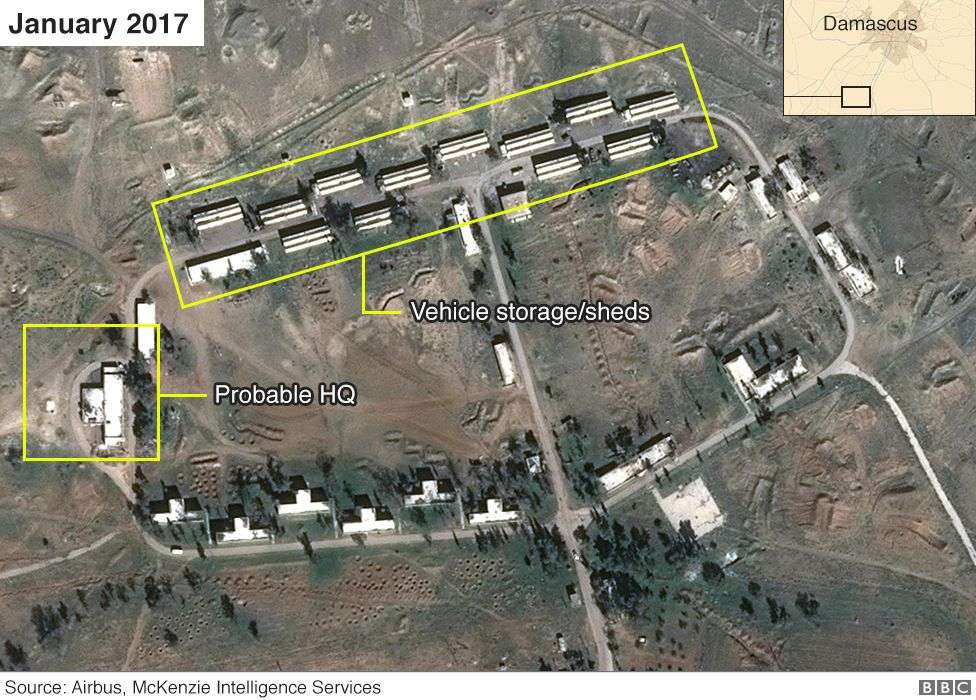 Imagen satelital de presunta base iraní en Siria de enero de 2017 (Airbus, Digital Globe y McKenzie Intelligence Services / BBC)