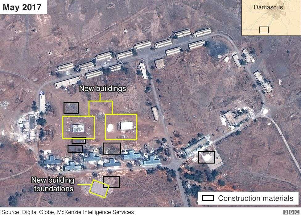 Imagen satelital de presunta base iraní en Siria desde mayo de 2017 (Airbus, Digital Globe y McKenzie Intelligence Services / BBC)