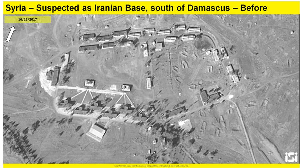 Una imagen de satélite que muestra los resultados de un presunto ataque aéreo israelí contra una base iraní informada que se está estableciendo a las afueras de Damasco, desde el 16 de noviembre de 2017. ( ImageSat International ISI )