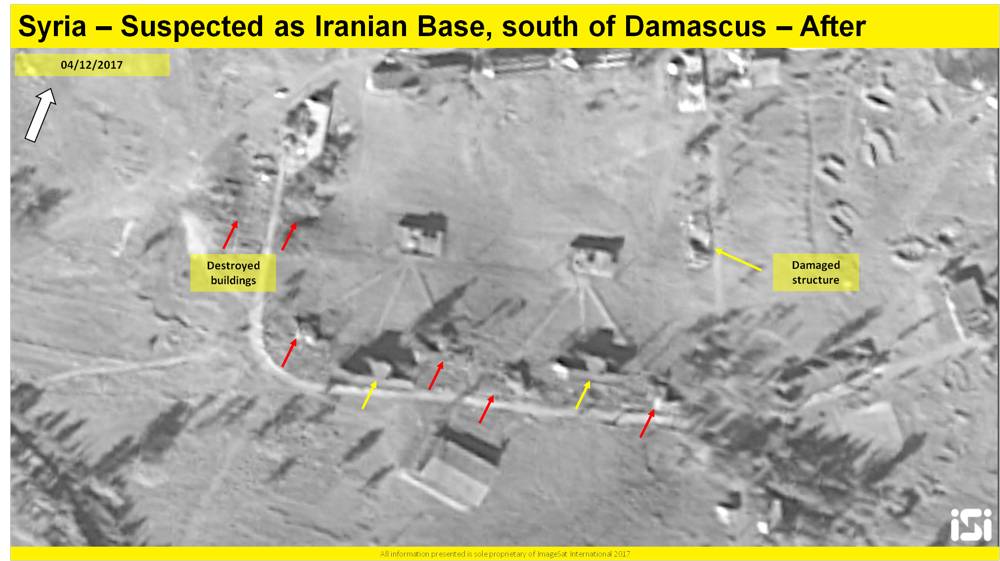 Una imagen de satélite que muestra los resultados de un presunto ataque aéreo israelí contra una base iraní informada que se está estableciendo a las afueras de Damasco, desde el 4 de diciembre de 2017. ( ImageSat International ISI )