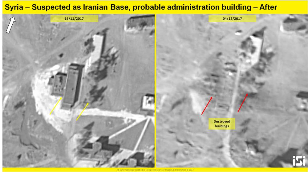 Una imagen de satélite que muestra los resultados de un presunto ataque aéreo israelí contra una base iraní informada que se está estableciendo a las afueras de Damasco, desde el 16 de noviembre de 2017 y el 4 de diciembre de 2017. ( ImageSat International ISI )