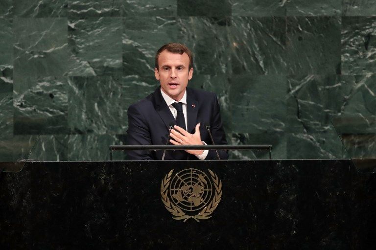 El presidente francés Emmanuel Macron se dirige a la Asamblea General de las Naciones Unidas en la sede de la ONU en Nueva York el 19 de septiembre de 2017. (Drew Angerer / Getty Images / AFP)