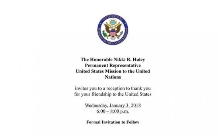 Invitación enviada a aquellas naciones que votaron en contra de la resolución de las Naciones Unidas contra los EE.UU., Por la embajadora de los Estados Unidos en la ONU, Nikki Haley, el 21 de diciembre de 2017. (Captura de pantalla: Fox News)