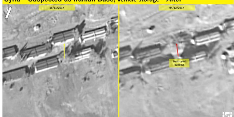 Una imagen de satélite que muestra los resultados de un presunto ataque aéreo israelí contra una base iraní informada que se está estableciendo a las afueras de Damasco, desde el 16 de noviembre de 2017 y el 4 de diciembre de 2017. ( ImageSat International ISI )