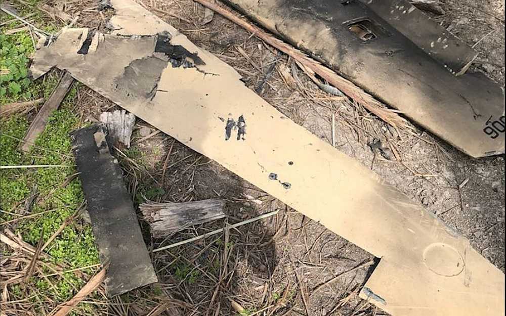 Los restos de un avión teledirigido iraní que fue derribado por la Fuerza Aérea israelí después de que penetrara en el espacio aéreo israelí el 10 de febrero de 2018. (Fuerzas de Defensa de Israel)