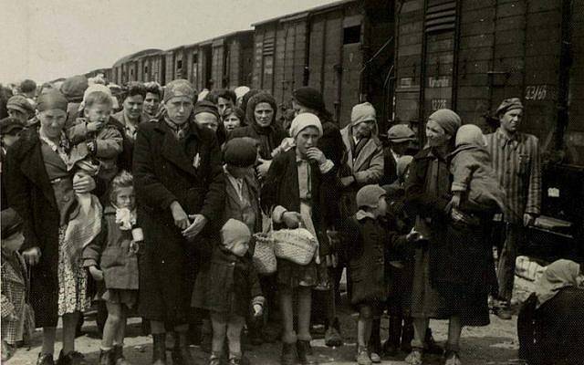 En Auschwitz-Birkenau, en mayo de 1944, los judíos húngaros llegaron a los vagones de ganado y se prepararon para la 'selección' dirigida por las SS (álbum de Auschwitz).