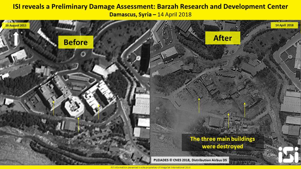 Una imagen satelital muestra tres edificios en las instalaciones de investigación de Barzeh cerca de Damasco, Siria, presuntamente utilizados para desarrollar armas químicas, en 2013 (L) y destruidos después de un ataque de los EE.UU, Gran Bretaña y Francia el 14 de abril de 2018. (ImageSat International)