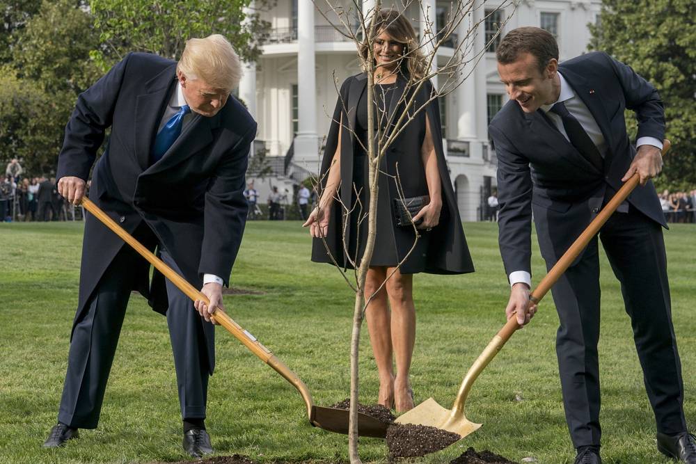 La primera dama estadounidense Melania Trump observa mientras el presidente Donald Trump y el presidente francés Emmanuel Macron participan en una ceremonia de plantación de árboles en el jardín sur de la Casa Blanca en Washington, el lunes 23 de abril de 2018. (AP Photo / Andrew Harnik)