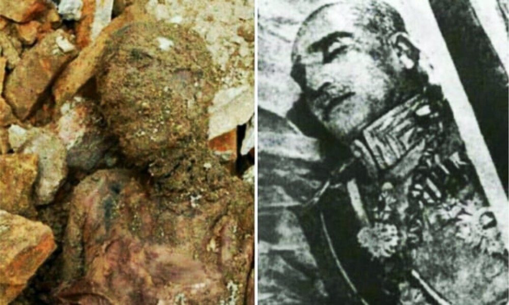 El cuerpo momificado encontrado cerca de Teherán y Reza Sha antes de su entierro. Fotografía: noticias de Tasnim