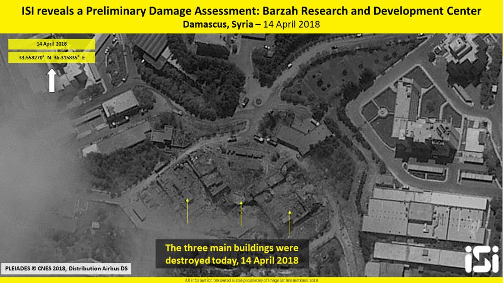 Imágenes satelitales destrucción centro de investigación de Siria
