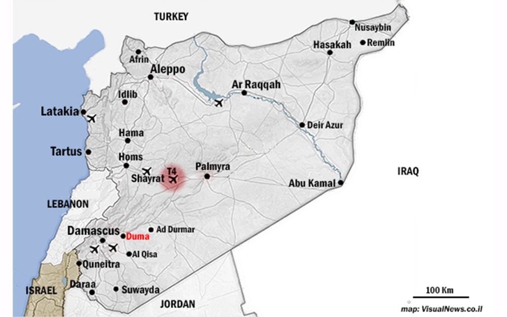 La ubicación de la base aérea T-4, resaltada en rojo, que fue bombardeada en las horas previas al amanecer del 9 de abril de 2018. Siria y Rusia han culpado a Israel por el ataque. (Crédito: Joseph Hirsch)