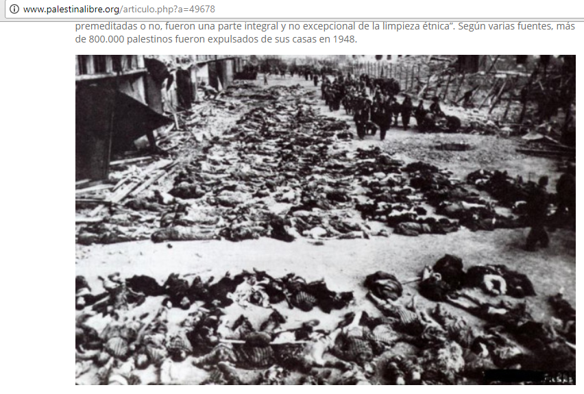 Sitio web islamista publica la misma imagen de judíos asesinados durante el Holocausto y difunde el mito de la “masacre de Deir Yassin”. (Captura de pantalla)