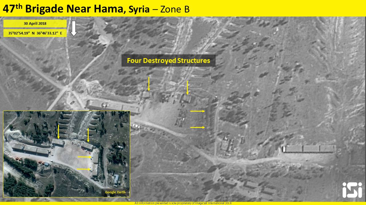 Una imagen de satélite que muestra los resultados de un presunto ataque aéreo israelí en una base iraní reportada en las afueras de la ciudad norteña de Hama el día anterior, el 30 de abril de 2018. (ImageSat International ISI)