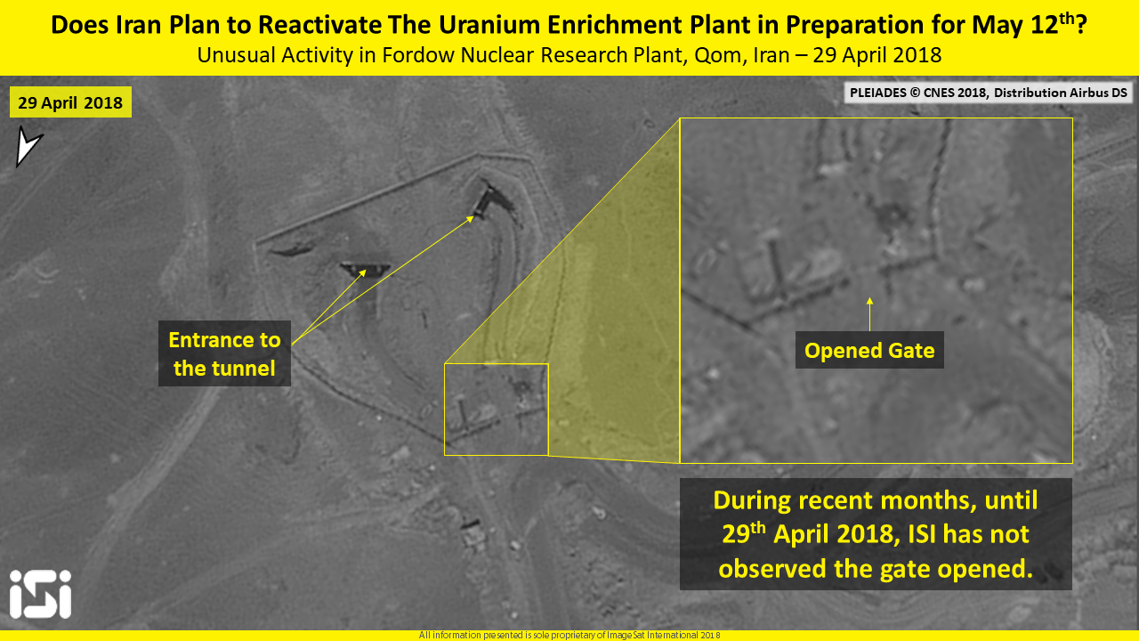 Una imagen de satélite del 29 de abril de 2018, que muestra la actividad reciente en la instalación nuclear de Fordo en Irán. (ImageSat International ISI)