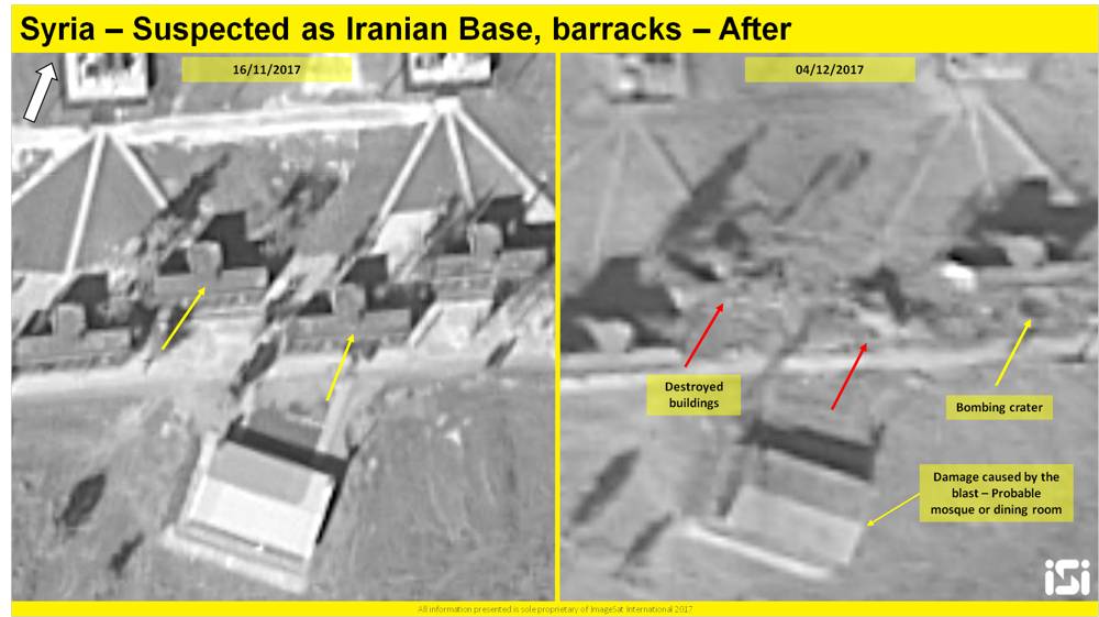 Una imagen de satélite que muestra los resultados de un presunto ataque aéreo israelí contra una base iraní informada que se está estableciendo a las afueras de Damasco, desde el 16 de noviembre de 2017 y el 4 de diciembre de 2017. (ImageSat International ISI)
