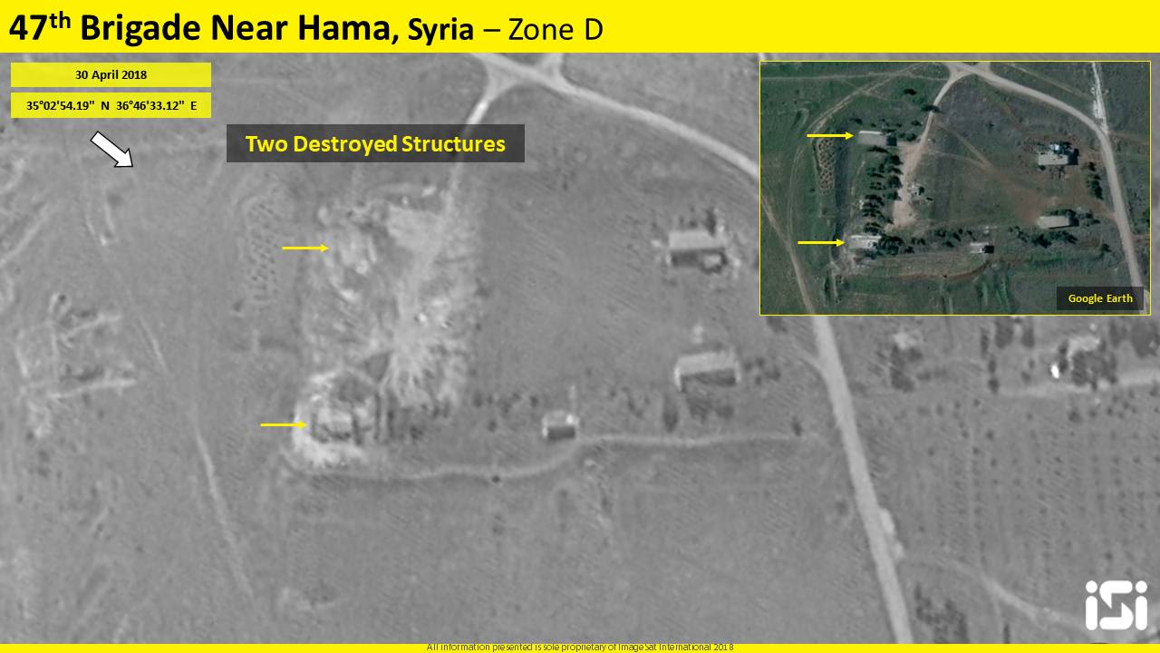 Una imagen de satélite que muestra los resultados de un presunto ataque aéreo israelí en una base iraní reportada en las afueras de la ciudad norteña de Hama el día anterior, el 30 de abril de 2018. (ImageSat International ISI)