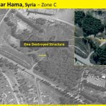 Una imagen de satélite que muestra los resultados de un presunto ataque aéreo israelí en una base iraní reportada en las afueras de la ciudad norteña de Hama el día anterior, el 30 de abril de 2018. (ImageSat International ISI)