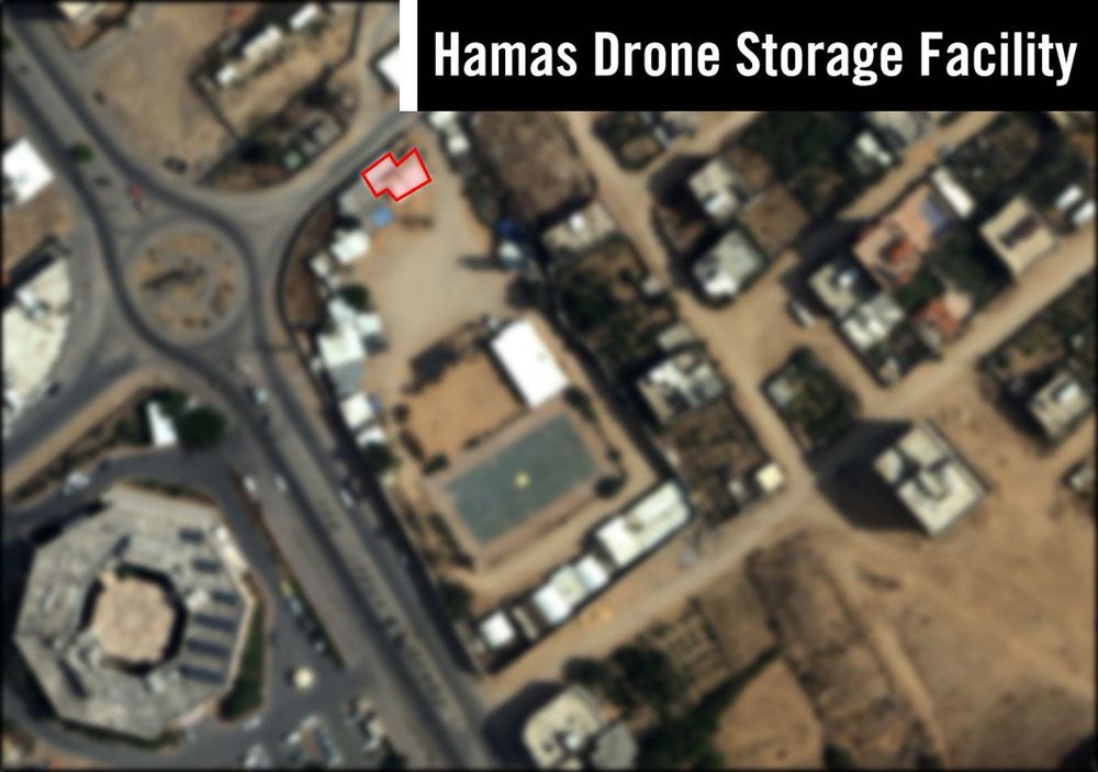 Una imagen satelital que muestra un presunto sitio de fabricación de armas de Hamás en la Franja de Gaza, que fue blanco de un ataque aéreo israelí el 29 de mayo de 2018. (Fuerzas de Defensa de Israel)