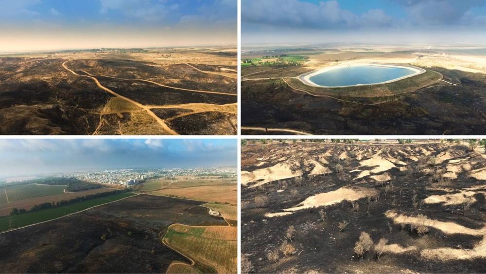 Hacia la derecha desde arriba a la izquierda: el cráter Be'eri, ennegrecido por el fuego, el depósito adyacente al Kibbutz Nir Am, rodeado de campos quemados, al norte de Sderot y el bosque de Kissufim. Maya Ben Nisan