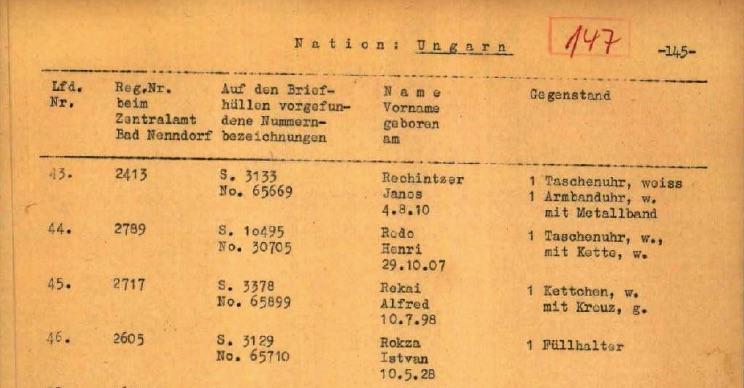 Istvan Rokza y su pluma aparecen en una lista nazi de los efectos personales de los presos en el campo de concentración de Neuengamme. (Cortesía de ITS)