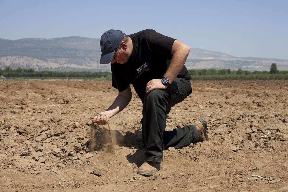 En este miércoles, 17 de julio de 2018, foto, el agricultor israelí Ofer Moskovitz revisa el suelo en su campo cerca de Kfar Yuval, Israel (AP Photo / Caron Creighton)
