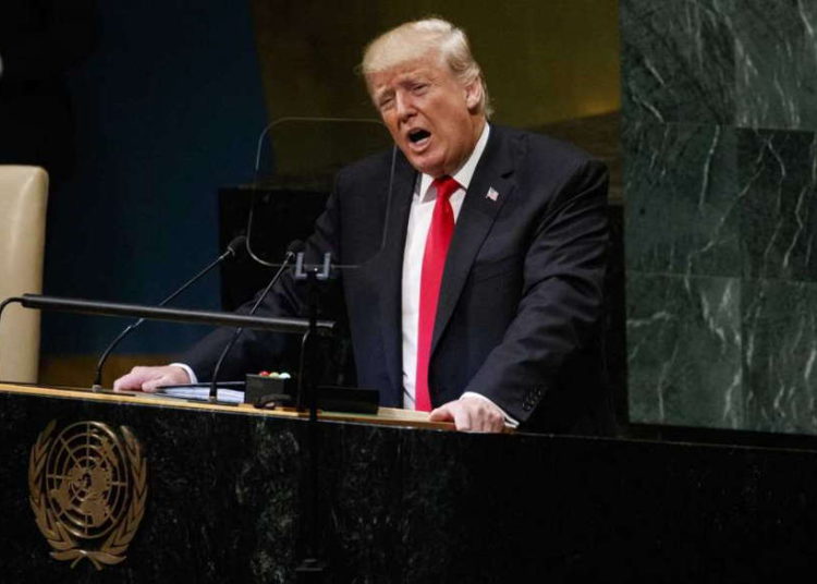 El presidente estadounidense Donald Trump pronuncia un discurso en la Asamblea General de la ONU el martes, 25 de septiembre del 2018, en Nueva York. (AP Foto/Evan Vucci)