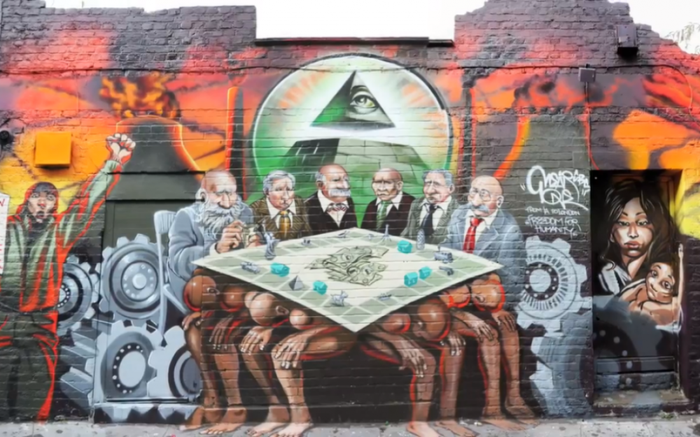 El mural de Kalen Ockerman 'El enemigo de la humanidad', que usa imágenes antisemitas. (crédito de la foto: captura de pantalla de YouTube)