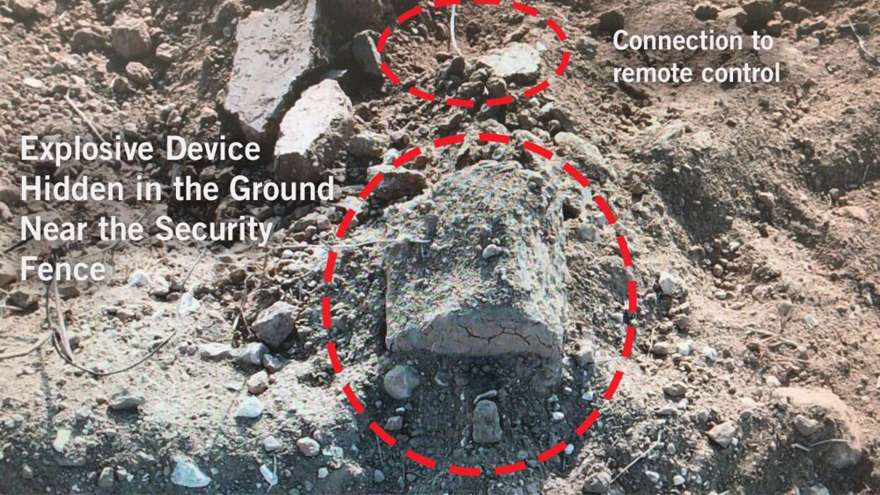 Un artefacto explosivo improvisado conectado a un receptor de control remoto, que las FDI encontraron en la frontera sur de Gaza y destruyeron en una detonación controlada el 14 de septiembre de 2018. (Fuerzas de Defensa de Israel)