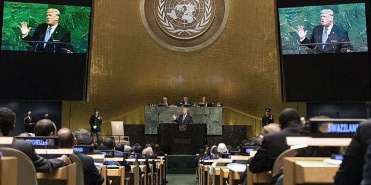 Donald Trump dirigiéndose a la Asamblea General de la ONU el 19 de septiembre de 2017. (UN / Mark Garten)