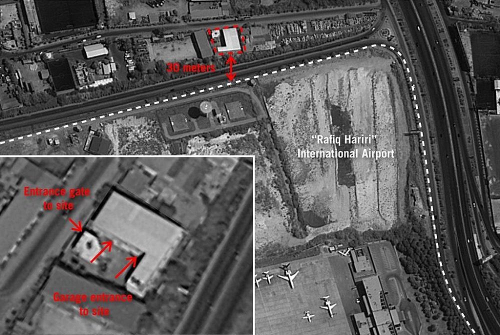 Una imagen de satélite lanzada por las Fuerzas de Defensa de Israel que muestra sitios cerca del aeropuerto internacional de Beirut que según el ejército está siendo utilizado por Hezbolá para convertir misiles regulares en municiones guiadas de precisión, el 27 de septiembre de 2018. (Fuerzas de Defensa de Israel)