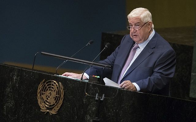 El viceprimer ministro y ministro de Relaciones Exteriores de Siria, Walid Muallem, se dirige a la 73ª sesión de la Asamblea General de las Naciones Unidas, en la ONU. sede, 29 de septiembre de 2018. (Mary Altaffer / AP)