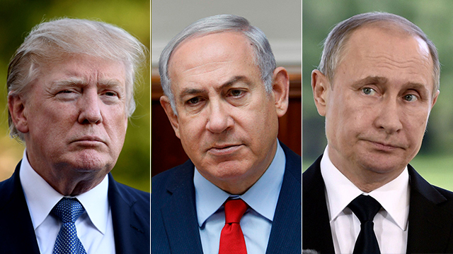 El presidente de los Estados Unidos, Donald Trump, el primer ministro Benjamin Netanyahu y el presidente de Rusia, Vladimir Putin (de izquierda a derecha) (Foto: MCT, AFP, Reuters)