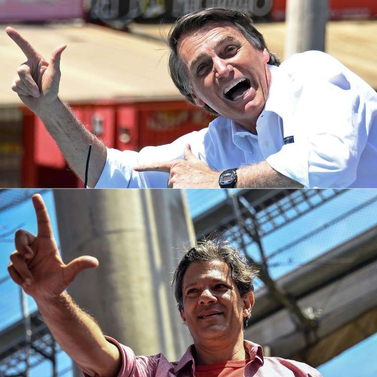 Esta combinación de imágenes creadas el 4 de octubre de 2018 muestra a los candidatos presidenciales brasileños Jair Bolsonaro (arriba), por el Partido Social Liberal (PSL), en Brasilia el 5 de septiembre de 2018, y Fernando Haddad (abajo), por el Partido de los Trabajadores (PT). ), en Sao Paulo, Brasil, el 19 de septiembre de 2018. (AFP PHOTO / EVARISTO SA Y Nelson ALMEIDA)