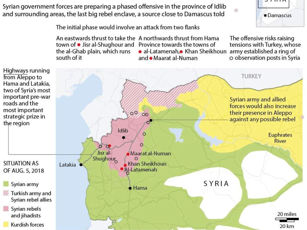Las fuerzas del gobierno sirio están preparando una ofensiva gradual en la provincia de Idlib y áreas circundantes. Crédito: Reuters