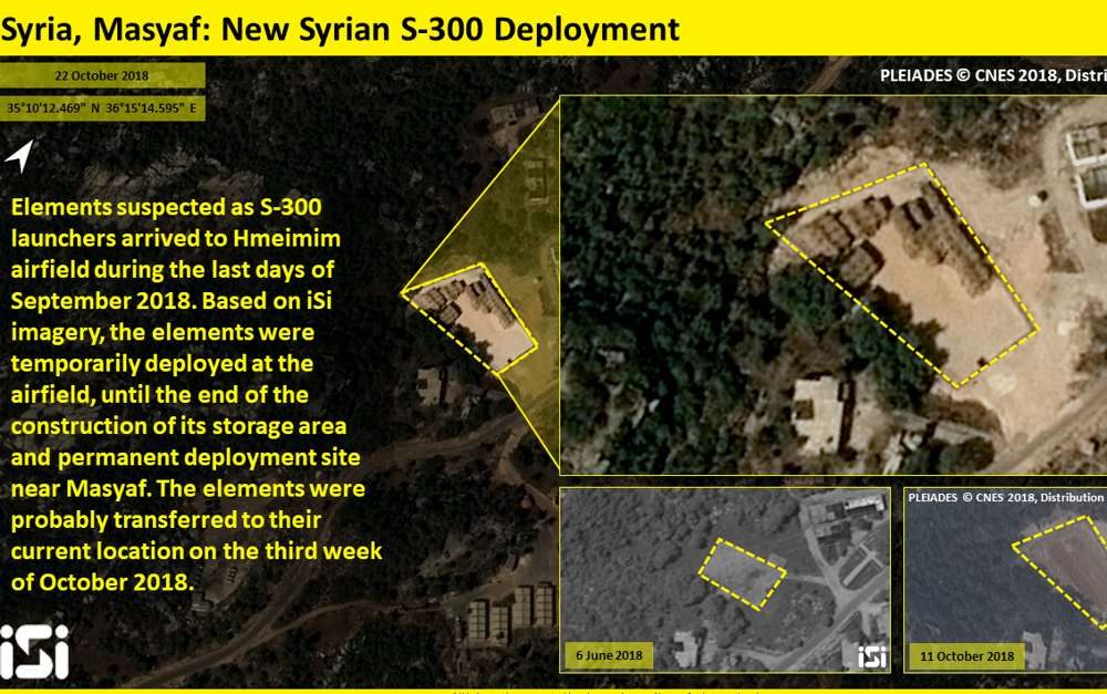 Fotografías satelitales publicadas por ImageSat International el 24 de octubre de 2018, que se dice muestran un sitio cerca de la ciudad siria de Masyaf, al noroeste, donde se desplegaron los sistemas de defensa aérea S-300 de fabricación rusa. (ImageSat International)