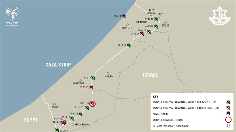 Un mapa que muestra las ubicaciones aproximadas de 15 túneles destruidos por Israel desde octubre de 2017. (Fuerzas de Defensa de Israel)