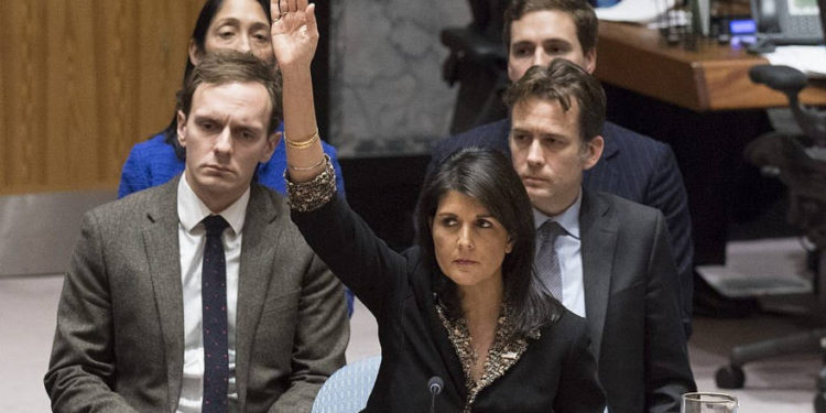 Ilustrativo: el embajador de los Estados Unidos ante la ONU Nikki Haley votó en contra de una resolución del Consejo de Seguridad sobre Jerusalén el 18 de diciembre de 2017. (Eskinder Debebe / ONU)