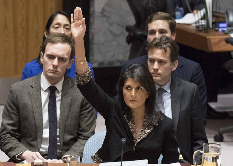 Ilustrativo: el embajador de los Estados Unidos ante la ONU Nikki Haley votó en contra de una resolución del Consejo de Seguridad sobre Jerusalén el 18 de diciembre de 2017. (Eskinder Debebe / ONU)
