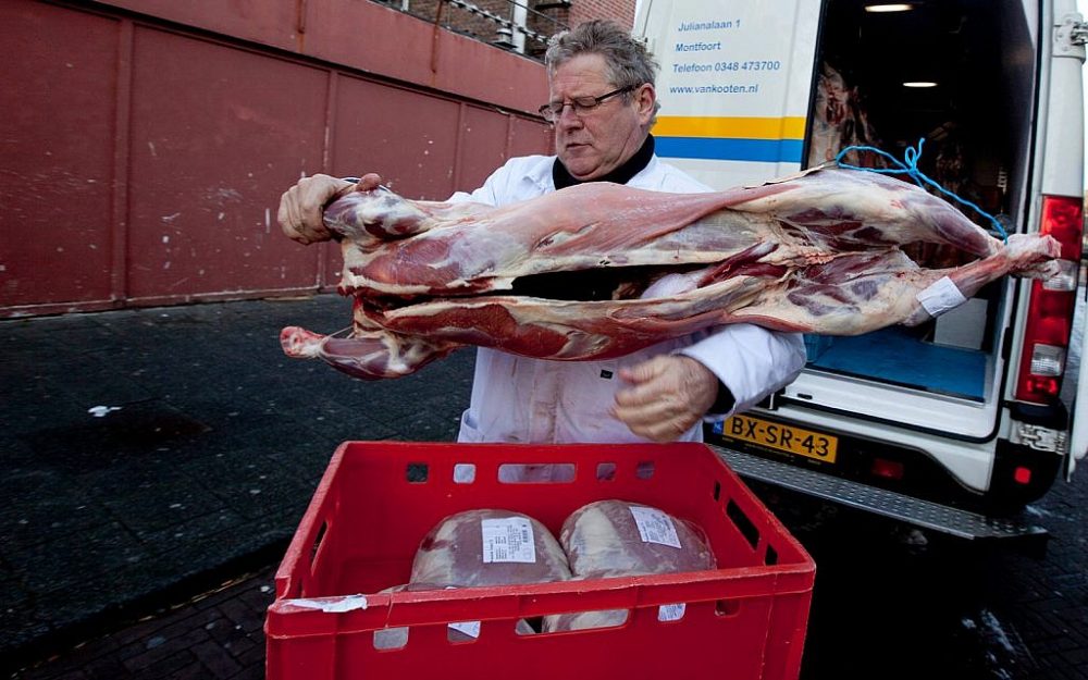 Ilustrativo: Un cordero sacrificado ritualmente que se entrega a una carnicería halal en La Haya, Países Bajos, 13 de diciembre de 2011. (Foto AP / Peter Dejong)