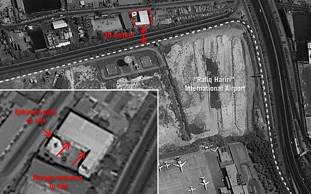 Una imagen de satélite lanzada por las Fuerzas de Defensa de Israel que muestra sitios cerca del aeropuerto internacional de Beirut que según el ejército está siendo utilizado por Hezbolá para convertir misiles regulares en municiones guiadas de precisión, el 27 de septiembre de 2018. (Fuerzas de Defensa de Israel)