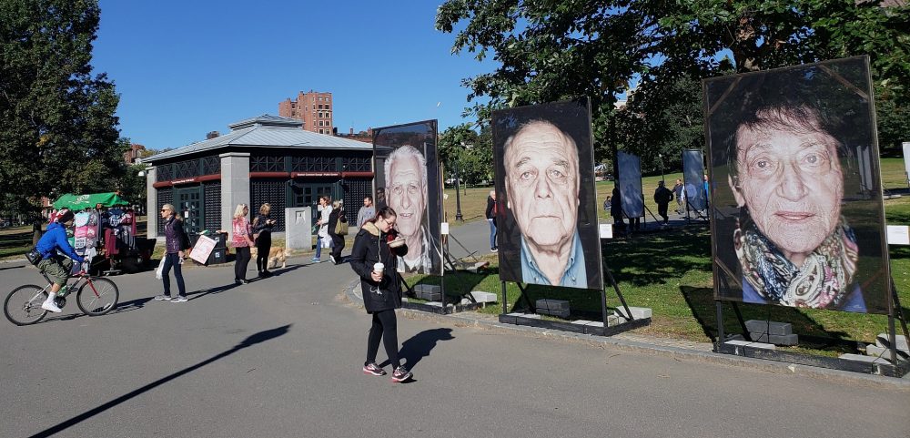 Instalación de "No olvidemos" los retratos de sobrevivientes del Holocausto en Boston Common, Boston, Massachusetts, 16 de octubre de 2018 (Matt Lebovic / The Times of Israel)