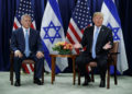 El presidente de los Estados Unidos, Donald Trump (derecha) y el primer ministro Benjamin Netanyahu se reúnen en la Asamblea General de las Naciones Unidas en la sede de la ONU, el 26 de septiembre de 2018. (Foto AP / Evan Vucci)