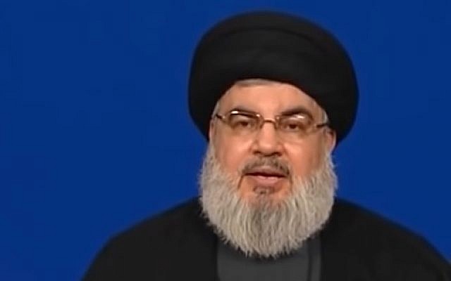 El líder de Hezbolá, Hassan Nasrallah, habla el 29 de junio de 2018. (captura de pantalla de YouTube)