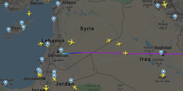 La trayectoria de vuelo del avión de carga iraní sospechoso que sale de Damasco justo antes de los ataques aéreos el 25 de diciembre de 2018. (Crédito de la foto: captura de pantalla)