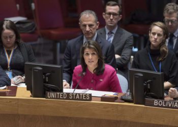 La embajadora de los Estados Unidos ante la ONU, Nikki Haley, habla en una reunión del Consejo de Seguridad de la ONU sobre el Medio Oriente el 19 de noviembre de 2018. (ONU / Rick Bajornas)