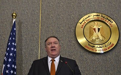 El secretario de Estado de los EE. UU., Mike Pompeo, del Ministerio de Asuntos Exteriores en El Cairo, el 10 de enero de 2019. (Andrew Caballero-Reynolds / Pool / AFP)